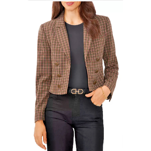 VINCE CAMUTO Double Breasted Cropped Blazer Green Plaid 6 - Picture 1 of 8